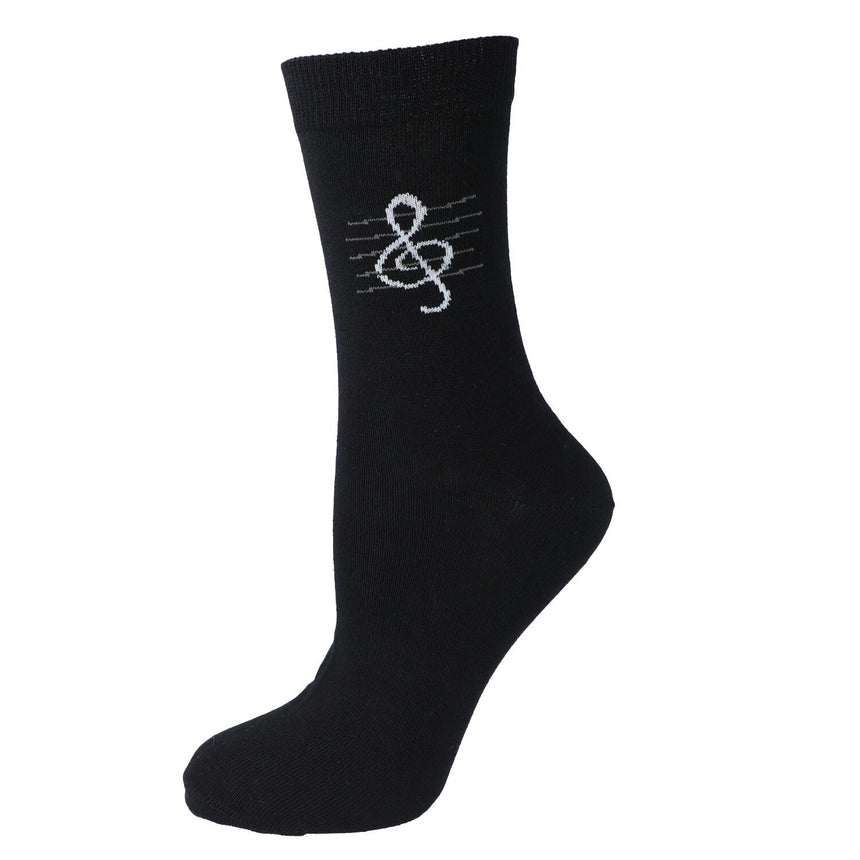 Kübler SOGC Violinschlüssel Socken – schwarze Socke gespannt, Motiv Violinschlüssel auf weißem Hintergrund