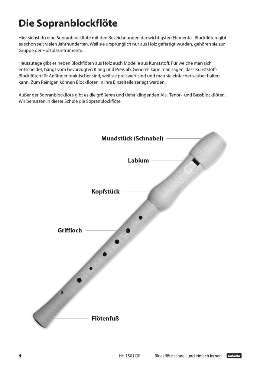 CASCHA Blockflöte-Lehrbuch HH1501DE, Aufbau der Sopranblockflöte, Seite 4