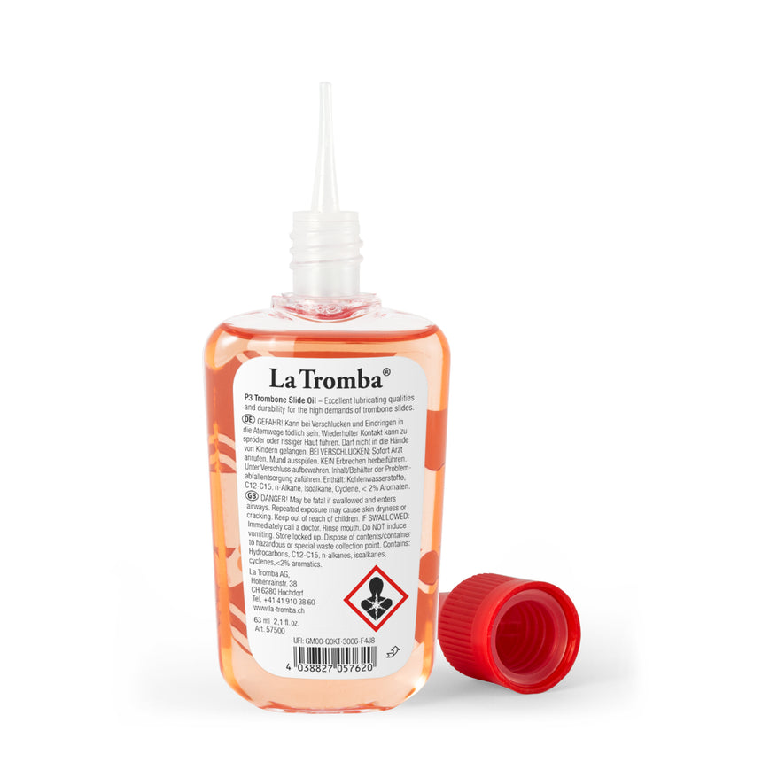 Huile pour coulisse de trombone La Tromba P3, flacon de 63 ml avec embout doseur ouvert.