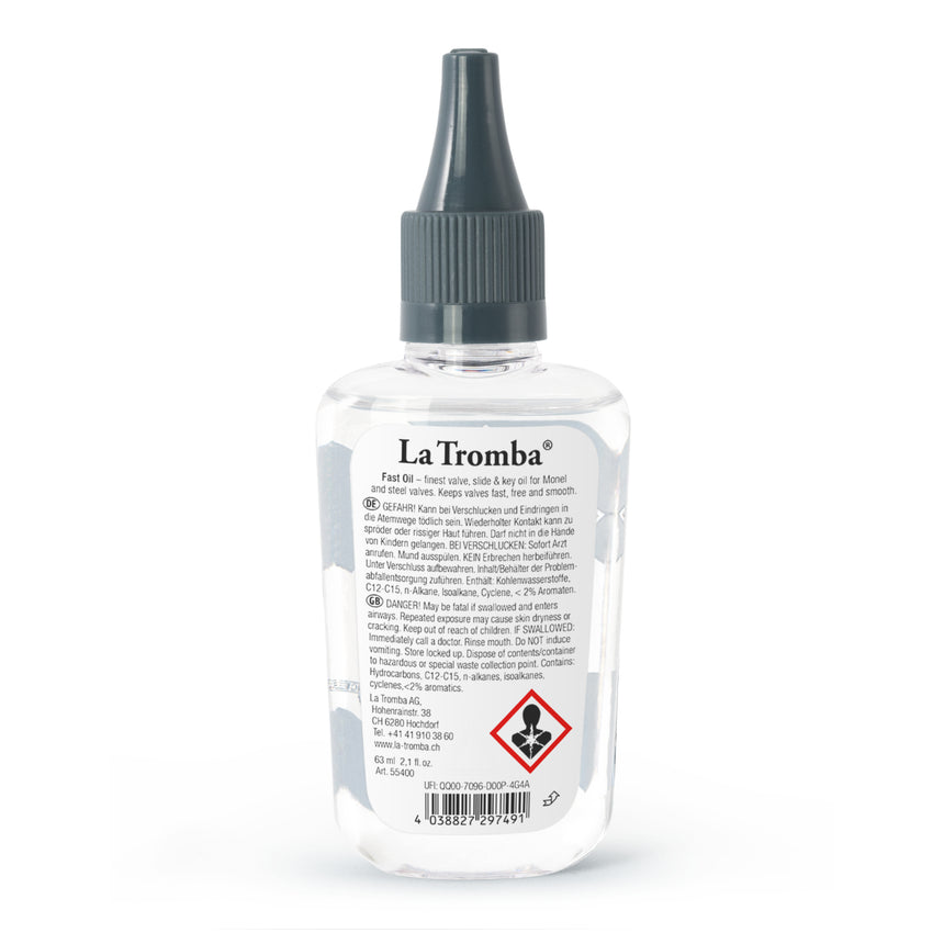 La Tromba Fast Oil valve oil, rear view of the 63 ml bottle.