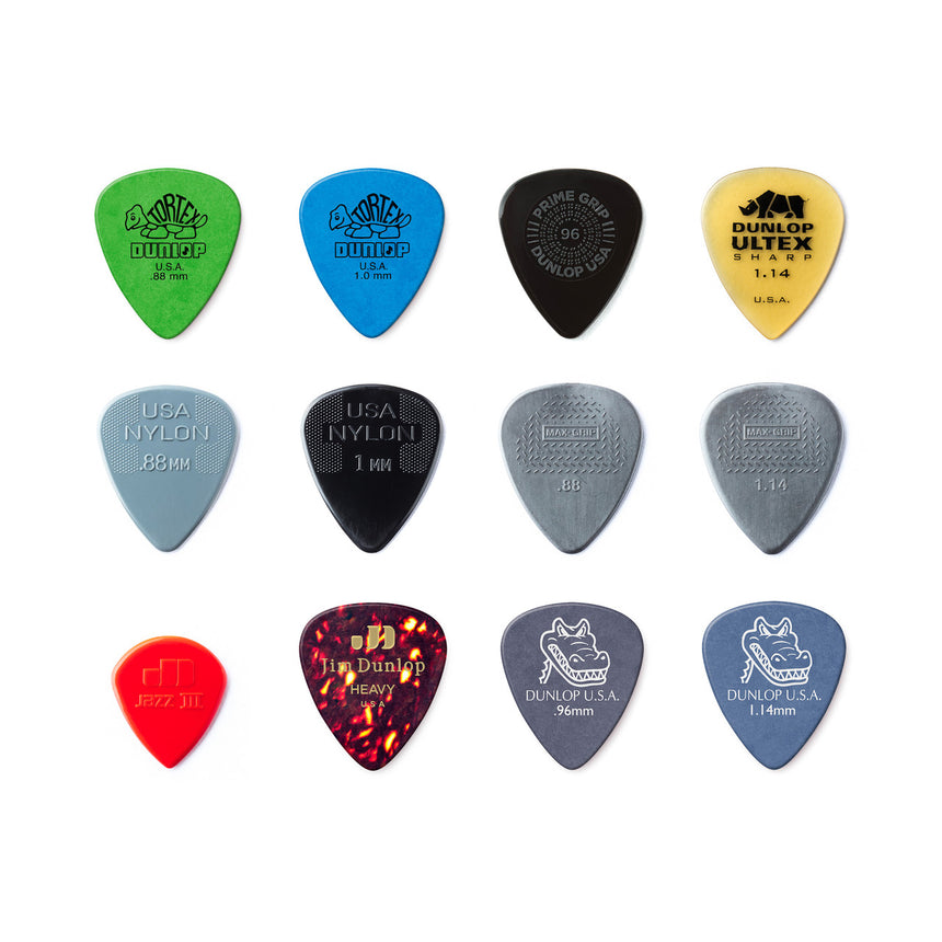 Die zwölf unterschiedlichen Plektren aus dem Dunlop PVP102 Variety Pack