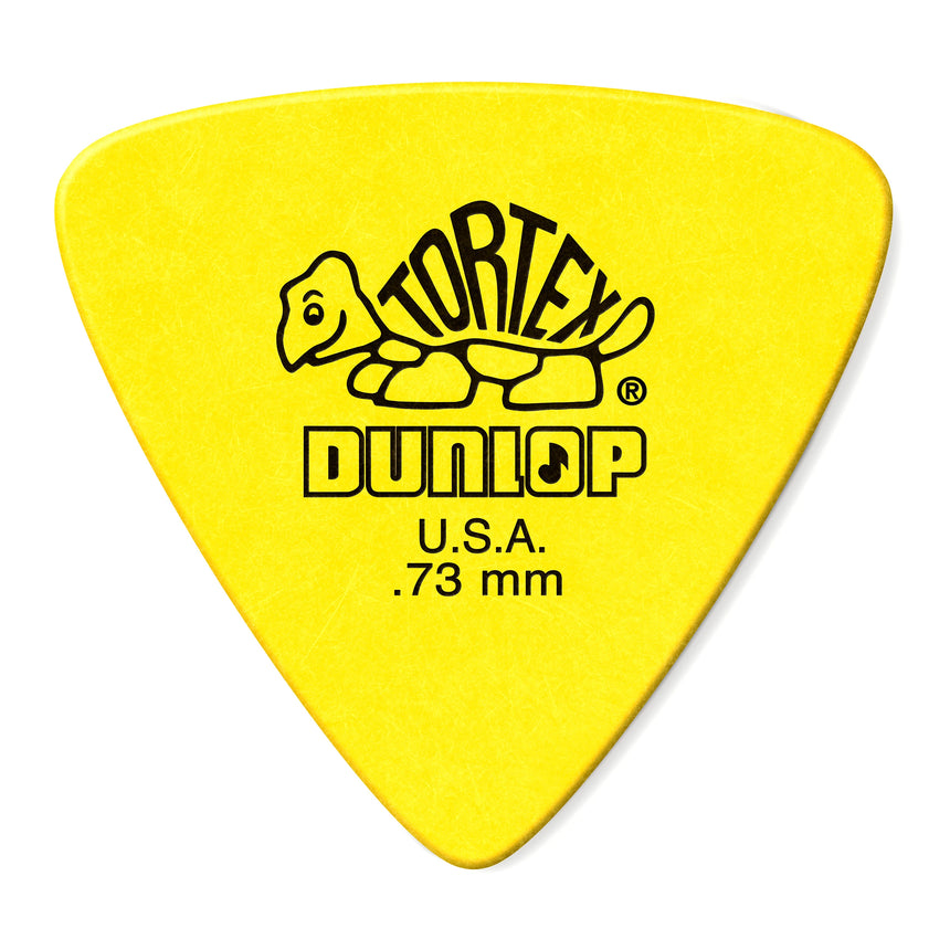 Front of a yellow 0.73 mm Dunlop Tortex Triangle pick from the Player’s Pack