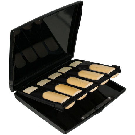 Protec A251 alto and tenor saxophone reed case, black – open with demonstration reeds