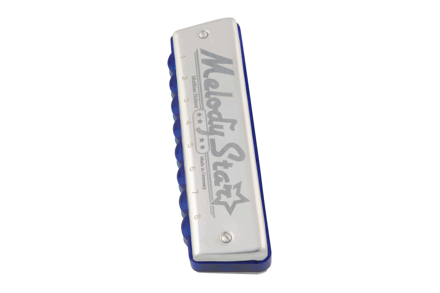 Harmonica Hohner Melody Star en do, vue oblique verticale du corps bleu et des plaques argentées