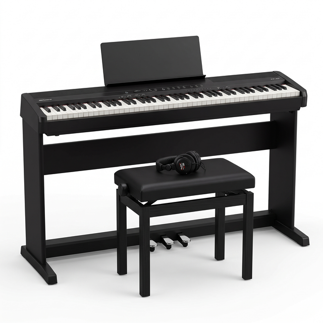 Roland FP-40 pack piano numérique noir avec stand, pédalier, banquette & casque – photo du set