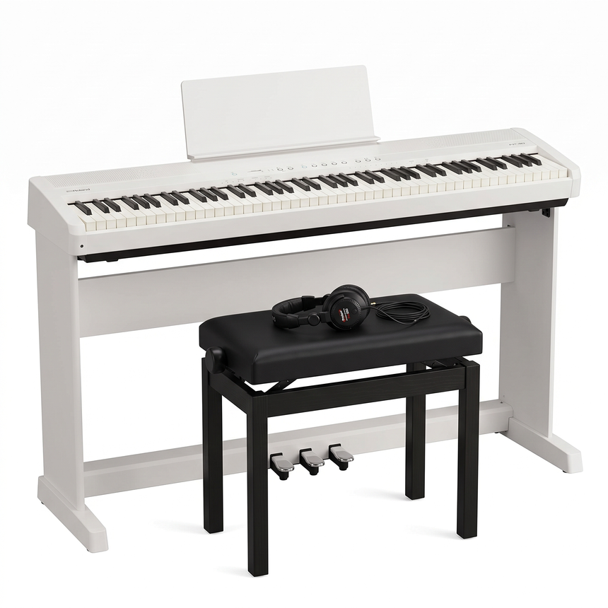 Roland FP-40 pack piano numérique blanc avec stand, pédalier, banquette & casque – photo du set