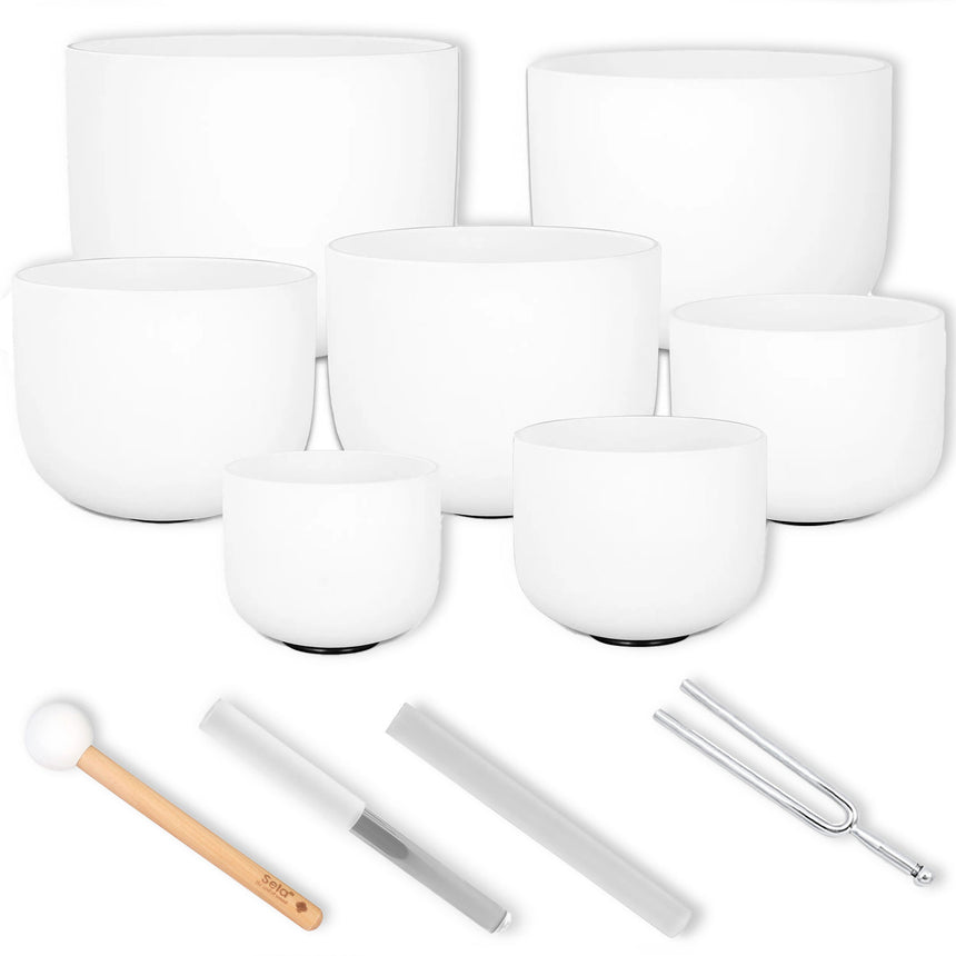Sela Klangschalen Set SECF-SET 7-teilig aus Quarz mit Stimmgabel